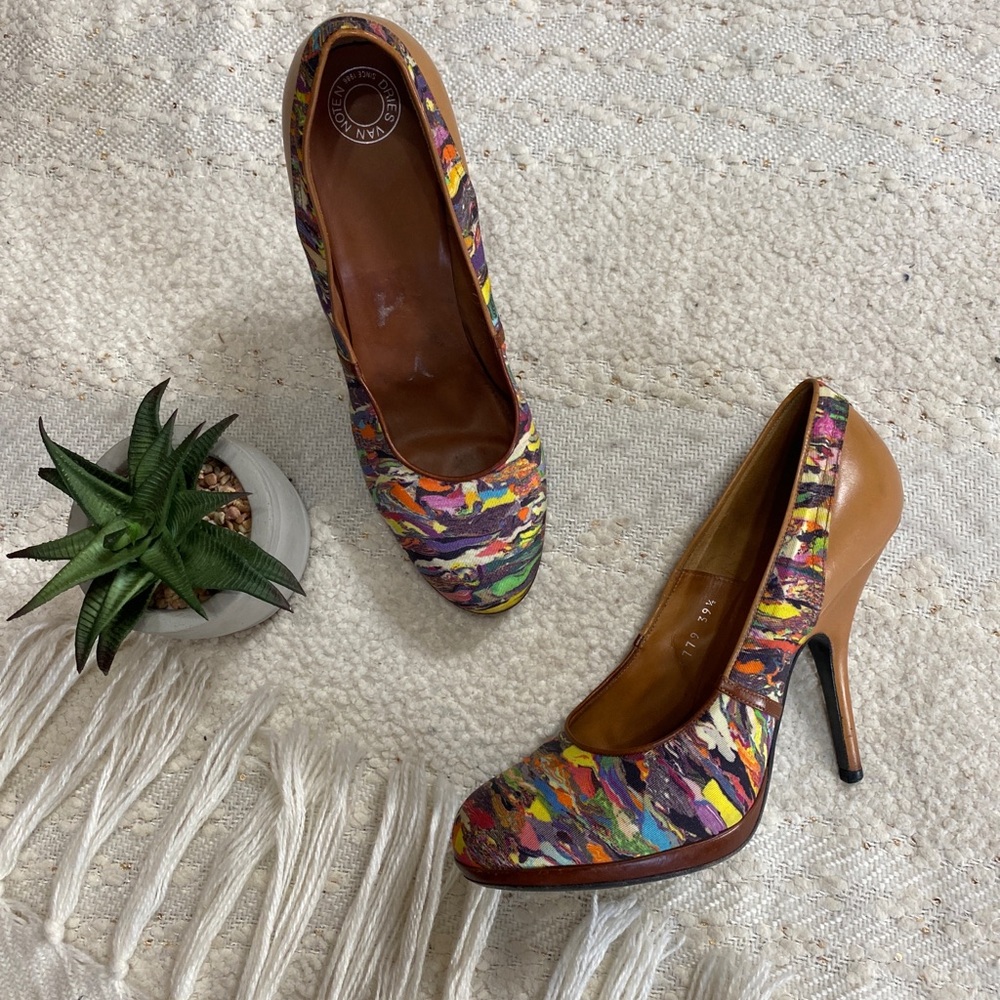Dries Van Noten brown leather & colorful fabric platform high heels